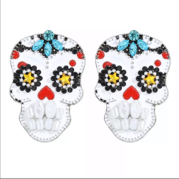 Zara Los Muertos Chunky Boho Silver Pearl Big Long Drop Scull Earrings - Picture 5 of 10